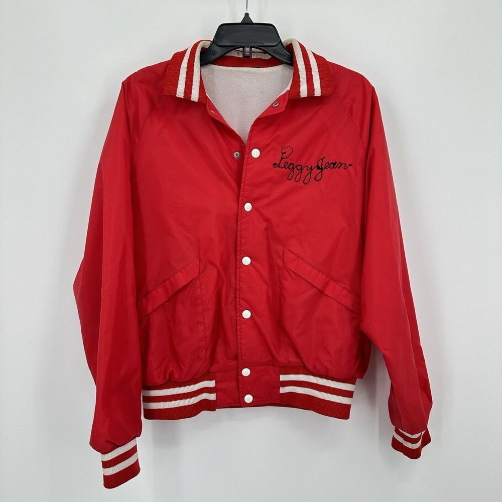 Vintage Peggy Jean Nylon Club Jacket L Batavia IL Red Snap Embroidered Sock Hop